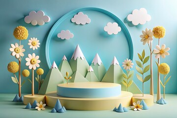 Minimal scene with podium, mountains, clouds and flowers