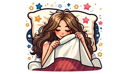 Dreamy Girl with Flowing Hair and Peaceful Smile Cuddling Under Blanket on Moon and Stars Pillow