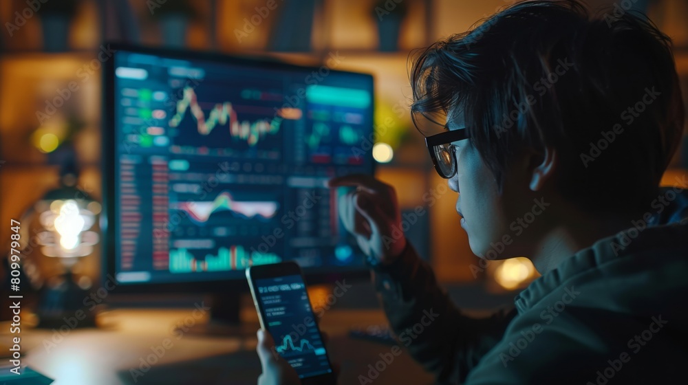 Poster A focused individual examines complex financial data on multiple computer screens, holding a smartphone.