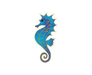Blue cartoon seahorse isolated on white background. Vector illustration, print for background, print on fabric, paper, wallpaper, packaging.	