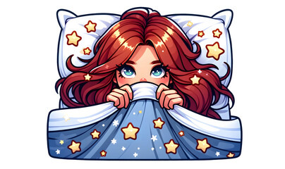 Cozy Girl with Flowing Red Hair Hiding Under Blanket 