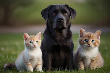 Cat and dog, group of dogs and kitten looking up