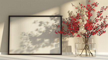 Chic room setting featuring a blank picture mockup with a bold black border, juxtaposed with delicate red and white flowers in a transparent glass pot.