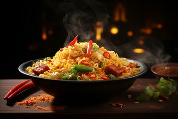 Tasty instant noodles with vegetables in hot bowl. Asian food lunch meal cuisine. Generate Ai