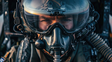 Fototapeta premium Fighter pilots cockpit view. Close portrait of a military pilot