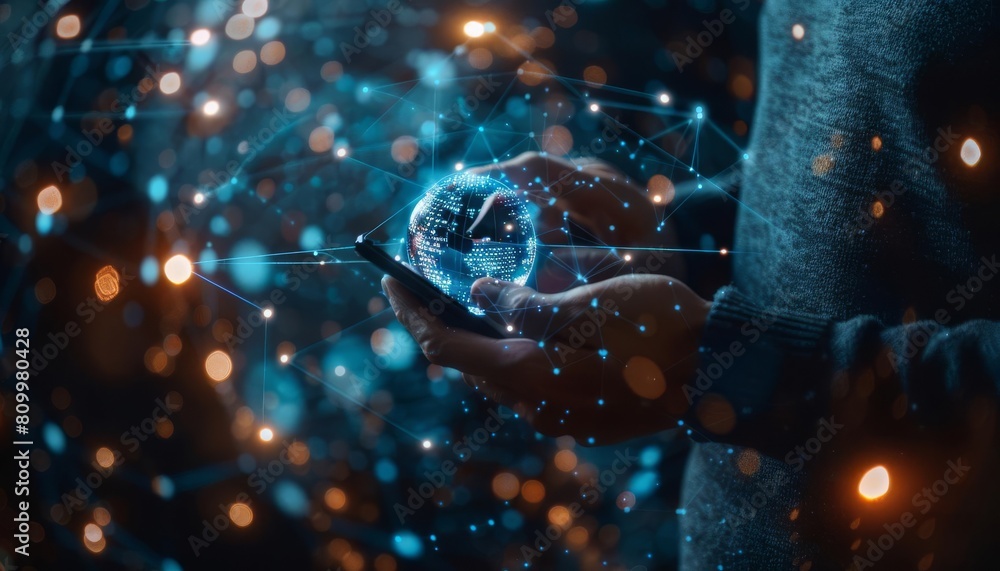 Poster globalized business operations and the reliance on technology for connectivity and communication.