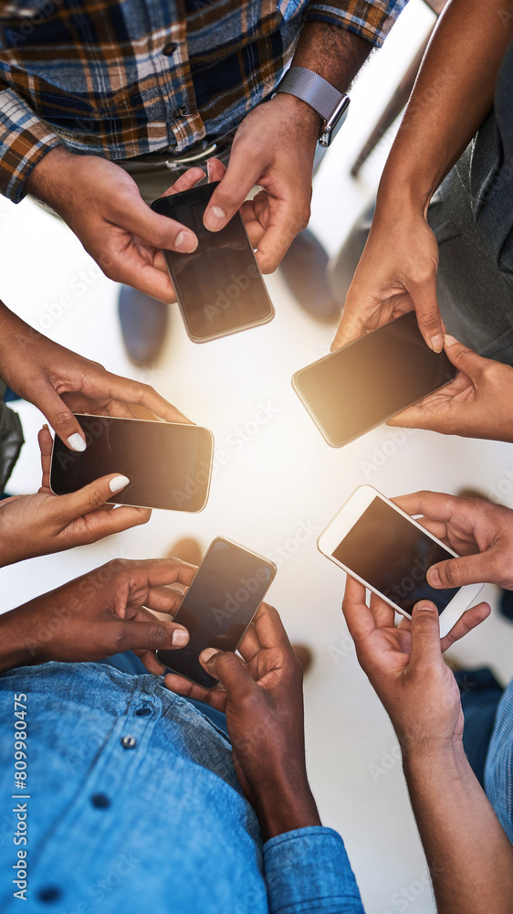 Aufkleber Cellphone, hands and team of people in circle networking online for email, social media or internet. Technology, typing and group of friends with phone for text message on website from above.