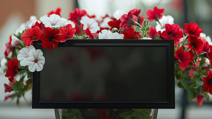 Close-up of a blank picture mockup with a sleek black border, set against a backdrop of striking red and white flowers in a transparent glass pot.