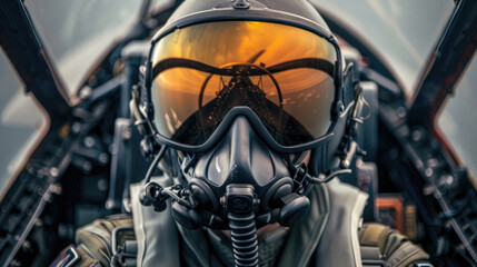 Fighter pilots cockpit view. Close portrait of a military pilot