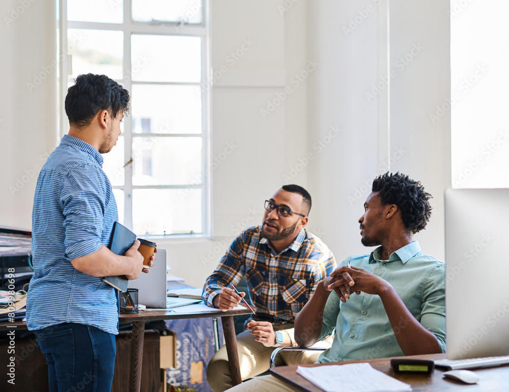 Poster teamwork, tech and men in modern office with meeting for discussion, startup agency and brainstormin
