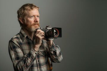 Stylish attractive cameraman in a checkered shirt holds in the hands of an old movie camera