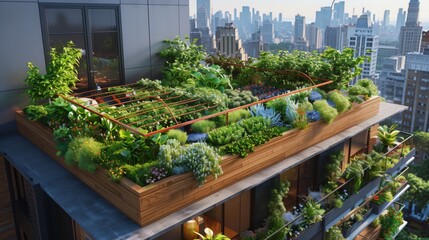 A vibrant rooftop garden blooms atop a city building, showcasing a soothing space of greenery and sustainability