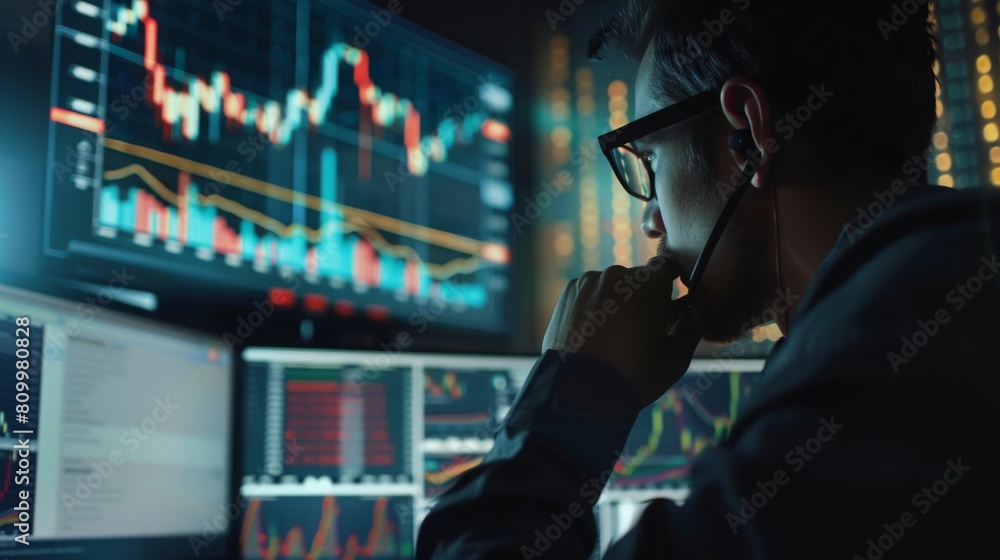 Poster A concentrated man in a dark room examines multiple glowing stock market graphs and statistics on computer screens.