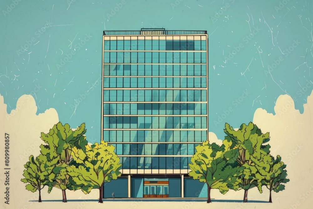 Poster a drawing of a tall building with trees in front of it. suitable for architecture or urban design co