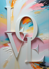 3D 'LOVE' Typography in White Over a Swirling Colorful Abstract Background for Romantic Wall Art and Modern Home Decor