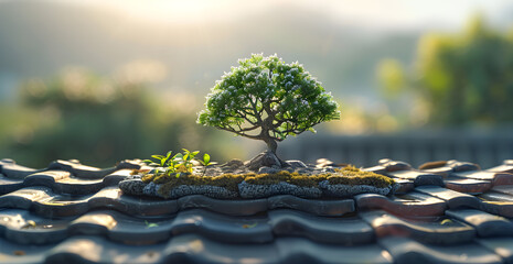 A small tree is planted on a roof