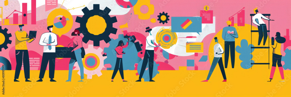 Poster a team of professionals collaboratively working on various tasks in a colorful, abstract office sett