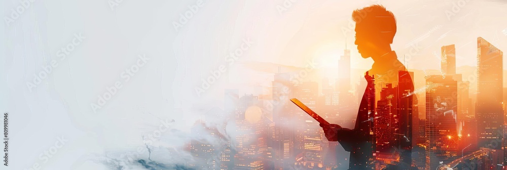 Poster Double exposure to the cityscape hologram adds a touch of urban dynamism, suggesting a global and interconnected business environment