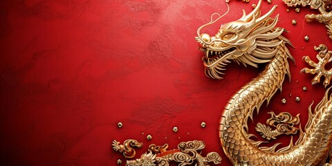 Golden dragon on red background