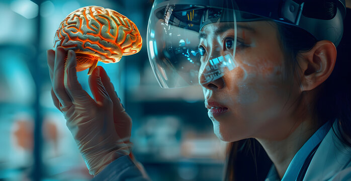 A woman is holding a brain in her hand while wearing a virtual reality headset - Powered by Adobe