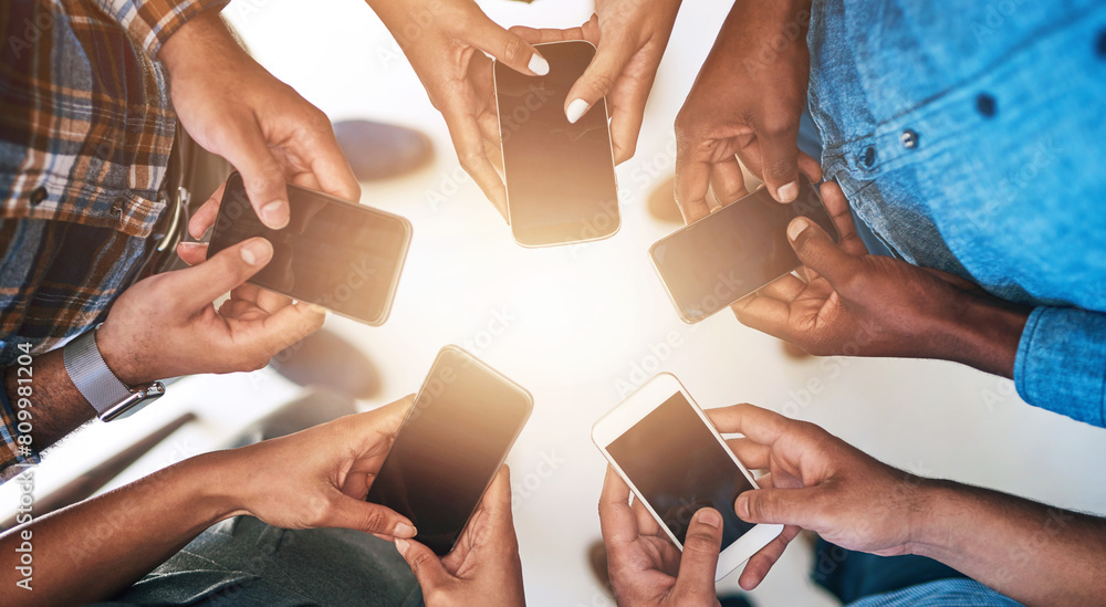 Aufkleber Cellphone, hands and group of friends in circle networking online for email, social media or internet. Technology, typing and team of people with phone for text message on website from above.