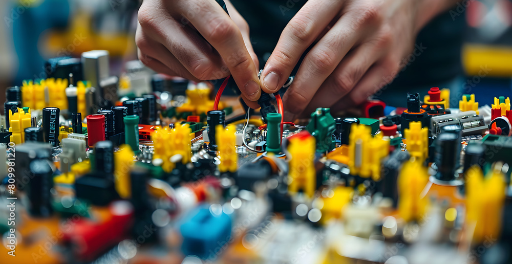 Poster a person is working on a circuit board with many small components