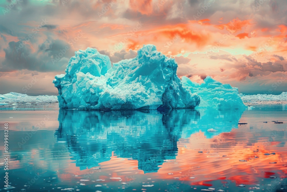 Poster a large iceberg floating in the water. suitable for environmental concepts