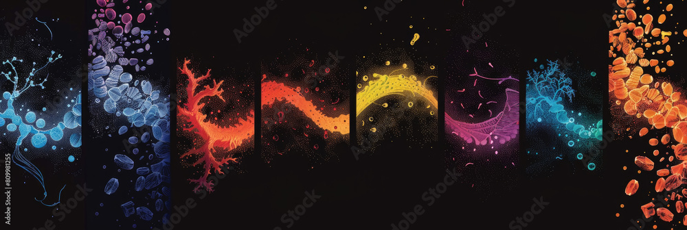 Poster various colors of paint splattered and blended on a black background in a dynamic and abstract compo