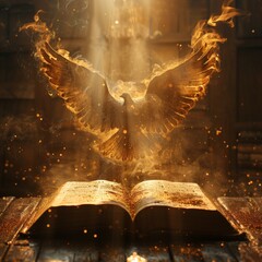 A book, the Bible, doves fly out of the book and shine，Bright sun light and Holy Spirit dove flying over a bible book silhouette of the Holy Jesus Christ guiding the bright path.World Book Day