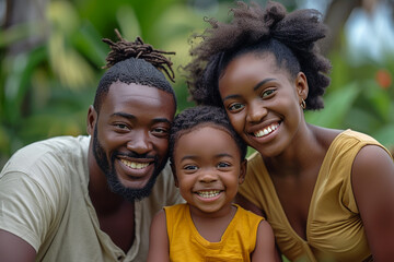Fototapeta premium Happy Family. Black man, woman and kid. Smiling daughter embracing her dad and mum. Black Life Matters.