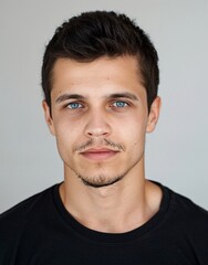 ID Photo for Passport : European young adult man with straight short black hair and blue eyes, thin mustache, without glasses and wearing a black t-shirt