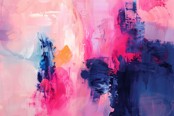 Beautiful abstract painting with pink, blue and yellow colors. Generative AI.