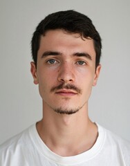 Fototapeta premium ID Photo for Passport : European young adult man with straight short black hair and blue eyes, thin mustache, without glasses and wearing a white t-shirt