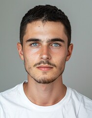 Fototapeta premium ID Photo for Passport : European young adult man with straight short black hair and blue eyes, stubble, without glasses and wearing a white t-shirt