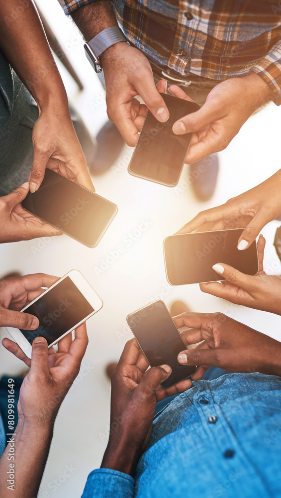 Aufkleber Phone, hands and team of people in circle networking online for email, social media or internet. Technology, typing and group of friends with cellphone for text message on website from above.