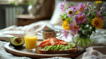 Wooden tray with homemade toast, fresh fruit, coffee cup for healthy breakfast in modern bedroom, flowers in vase, elevated luxurious morning routine, selfcare everyday ritual. AI generated image