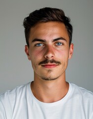 ID Photo for Passport : European young adult man with straight short black hair and blue eyes, thin mustache, without glasses and wearing a white t-shirt