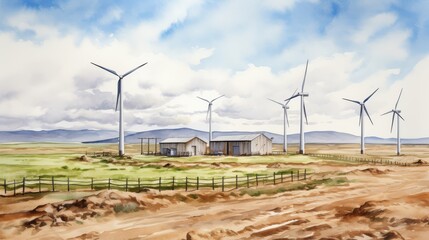 A field of wind turbines generates clean energy. - obrazy, fototapety, plakaty