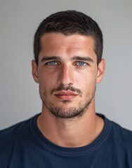 Obraz premium ID Photo for Passport : European young adult man with straight short black hair and blue eyes, stubble, without glasses and wearing a navy t-shirt