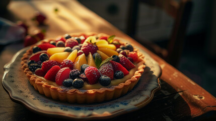 Fruit Tart with custard filling and the vibrant fruit arrangement on top placed on a ceramic plate. Mid-angle Shot. 