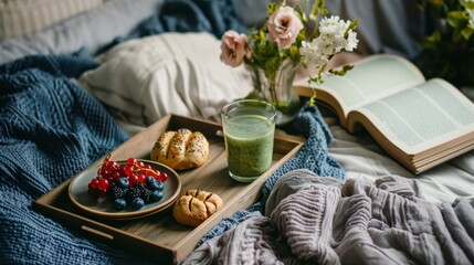 Wooden tray with homemade croissant, fresh fruit, coffee cup for healthy breakfast in cozy bedroom, aroma candles, elevated luxurious morning routine, selfcare everyday ritual. AI generated image