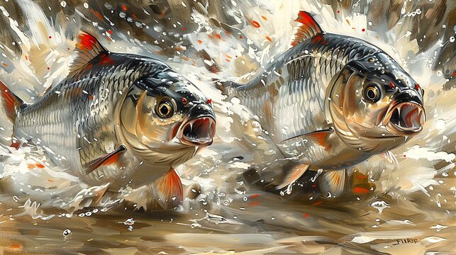 Two bighead carps are jumping out of the water.