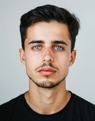 Obraz premium ID Photo for Passport : European young adult man with straight short black hair and blue eyes, thin mustache, without glasses and wearing a black t-shirt