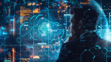 Fototapeta premium Innovative technologies in business. Double exposure of thoughtful young businessman looking at hologram screen and city at background