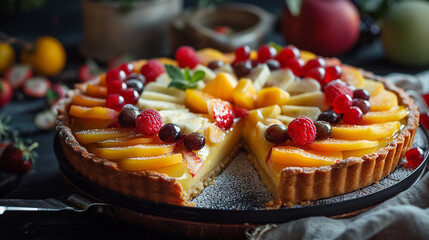 A sliced Fruit Tart with fruit arrangement served on cake stand. Artistic Shot. 