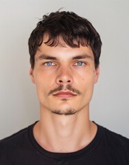 Fototapeta premium ID Photo for Passport : European young adult man with straight short black hair and blue eyes, thin mustache, without glasses and wearing a black t-shirt