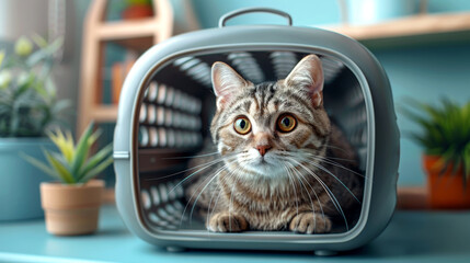 Vet visit essentials: domestic cat in carrier ready for checkup