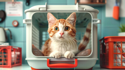Feline checkup: domestic cat safely secure in pet carrier at veterinary clinic