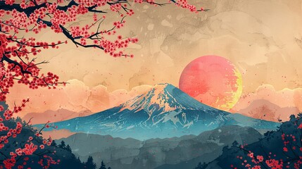Traditional Japanese travel scene in ukiyo-e style, Mount Fuji and cherry blossoms