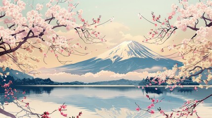 Traditional Japanese travel scene in ukiyo-e style, Mount Fuji and cherry blossoms